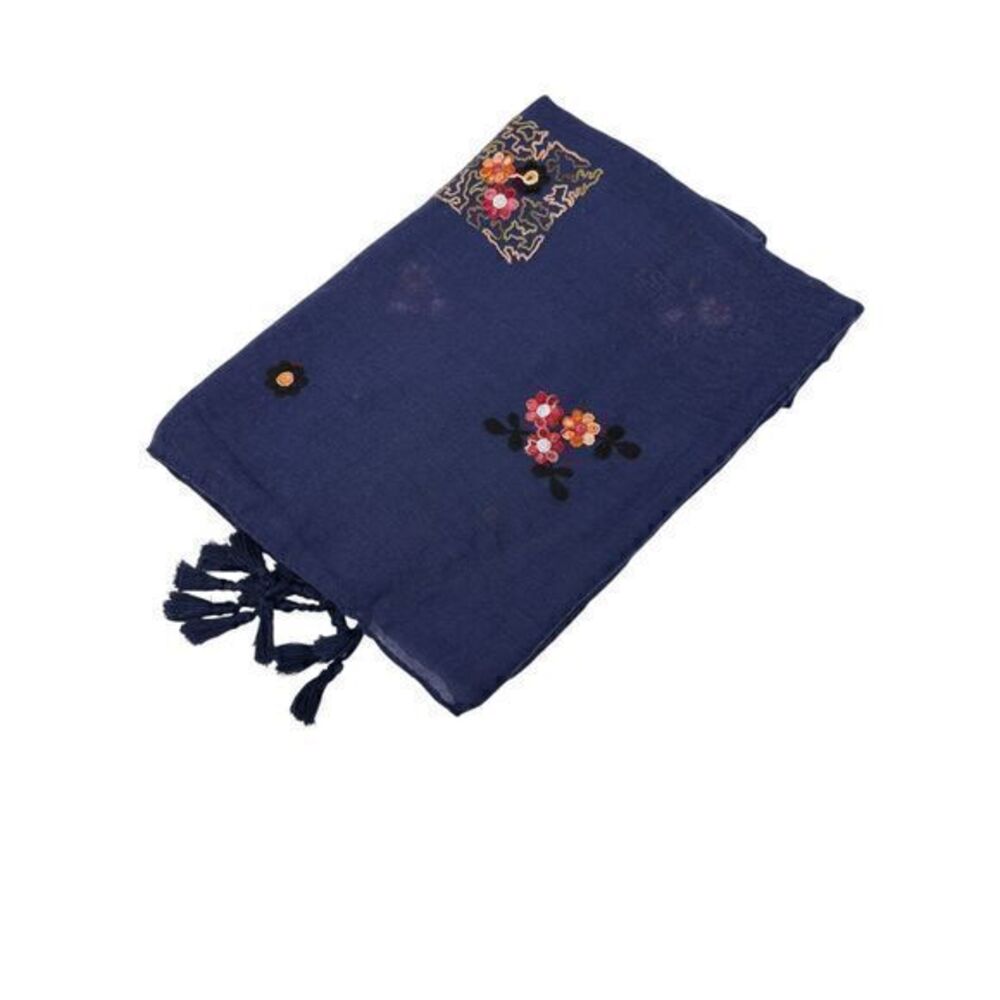 No Brand Blue Floral Embroidered Thin Scarf Tassels Size 36" x 72"